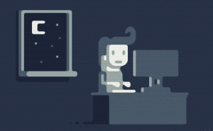 Pixel-art illustration: a developer coding at night, lit by a single monitor.